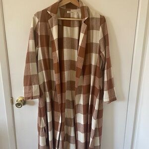 ALI GOLDEN Silk Notch Jacket / Duster in Chestnut/Cream Plaid XS